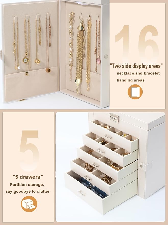 BOOVO Jewelry Box For women, 6 Layer Large Jewelry Organizer With Mirror, Multi-Function Storage Box With Lock, Accessory Hol