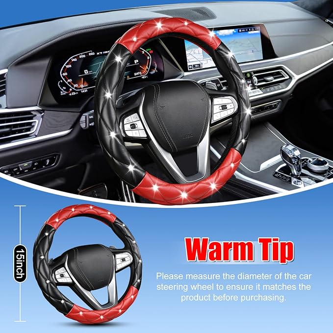 SuperKaKa Black and Red Steering Wheel Cover, Auto Diamond Style Cute Bling Comfort Car Interior Accessories Protector Sparkl