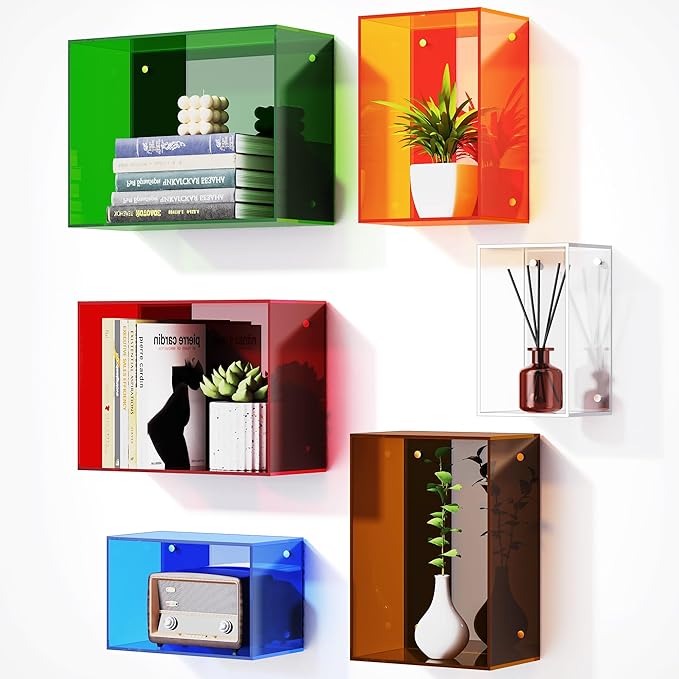 Acrylic Floating Shelves for Wall, Wall Mounted Square Cube Shelf for Bedroom Living Room Bathroom Kitchen, Storage Shelf Dis