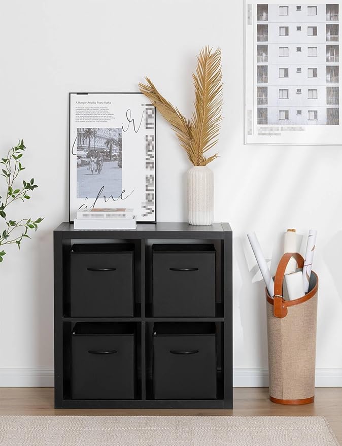 StorageWorks Black Storage Cubes, 11-inch Leather Bins with Handle, Cube Organizer Baskets for Shelves and Closet, Collapsibl