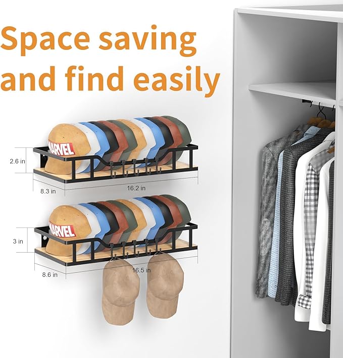 Natural Wood Hat Racks for Baseball Caps Peaked Caps Wall Hat Organizer Fit 40 Caps Holder, 2 Packs Sturdy Wall Mounted Snapb