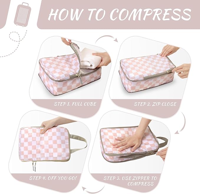 WOOMADA Compression Packing Cubes for Suitcases Travel Essentials 4 Set Expandable Travel Bags Organizer for Luggage(pink che
