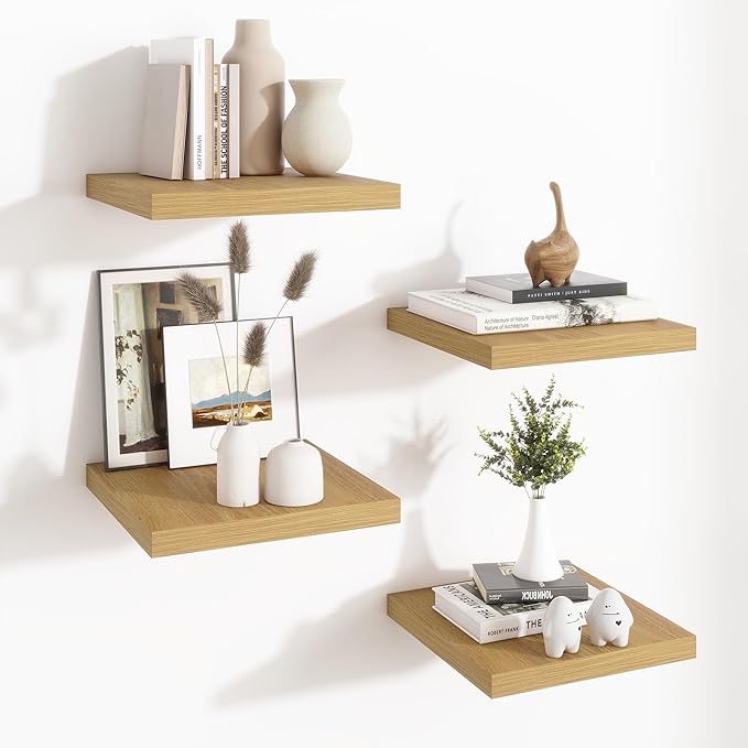Fun Memories Square Floating Shelves for Wall - 12 Inch Deep Floating Shelves with Invisible Brackets, Oak Small Wall Shelf f