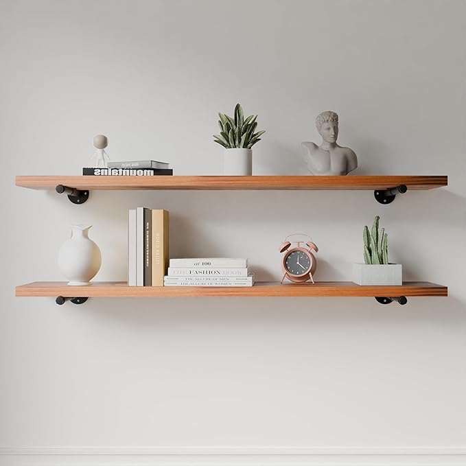 Industrial Pipe Wall Wood Shelves,Real Wooden Shelves 55" in Special Brown Color with 1.2" Extra Thickness, Modern Floating S