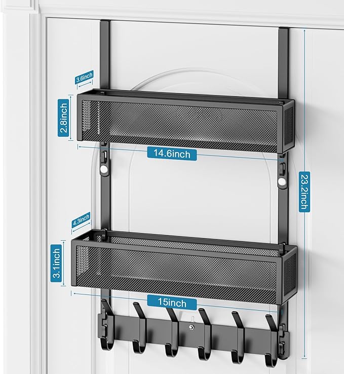Over The Door Hooks Organizer, Over The Door Towel Rack with 12 Coat Hooks and 2 Mesh Basket, Bathroom Door Organizer Back of