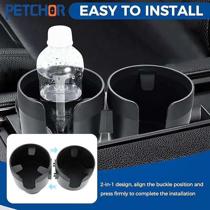 2-in-1 Multifunctional Car Cup Holder Expander, Large Auto Dual Cup Holder Expander Adapter with Adjustable Base, All Purpose Car Cup Holder for Bottles Cups Snack Organizer