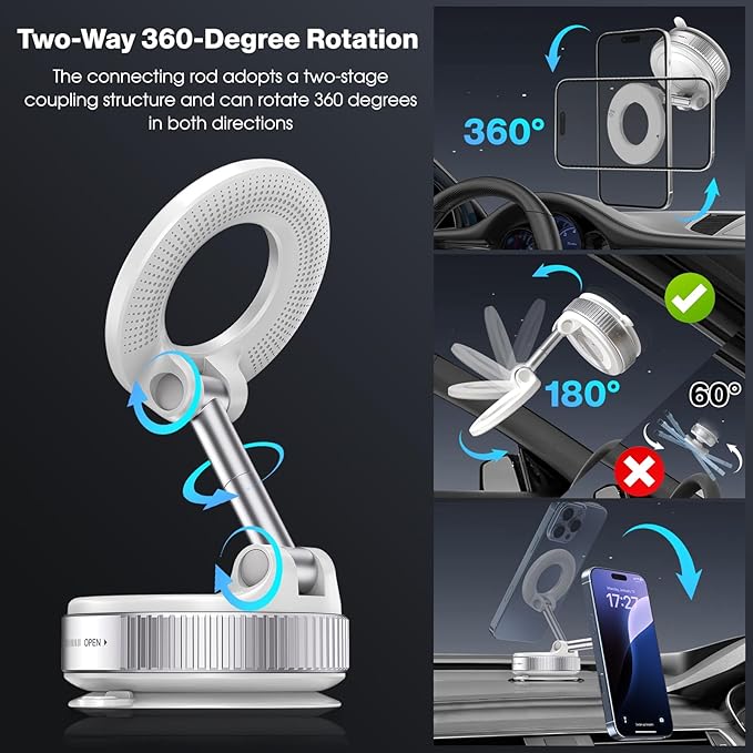 Vacuum Magnetic Car Phone Holder for Magsafe, Hands-Free 360° Adjustable Suction Cup Phone Mount for Car/Gym/Mirror/Smooth Surface, Compatible with iPhone & Android (White)