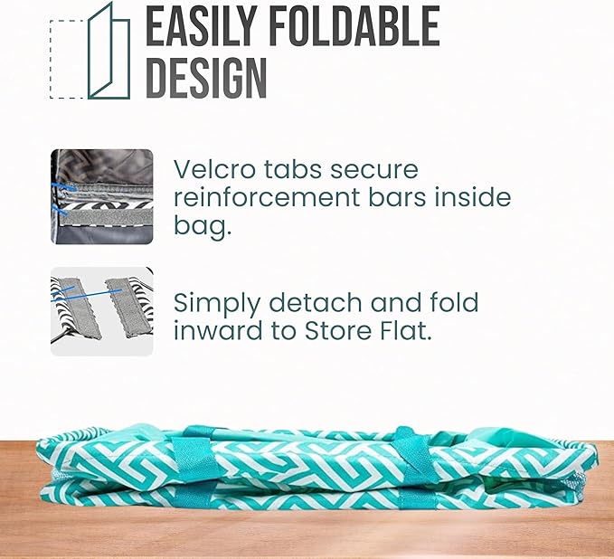 Extra Large Utility Tote Bag - Oversized Collapsible Reusable Wire Frame Rectangular Canvas Basket With Two Exterior Pockets For Beach, Pool, Laundry, Car Trunk, Storage - Geometric Teal
