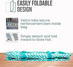 Extra Large Utility Tote Bag - Oversized Collapsible Reusable Wire Frame Rectangular Canvas Basket With Two Exterior Pockets For Beach, Pool, Laundry, Car Trunk, Storage - Geometric Teal