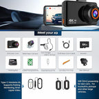 WiFi Dash Cam Front and Rear, 4K Front 2.5K Car Camera, 3" IPS Screen, 170° Wide Angle, WDR Night Vision, 64GB SD Card Included, Loop Recording, G-Sensor, 24H Parking Monitor, Type-C Charging (K9)