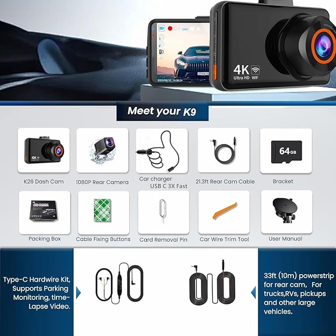 WiFi Dash Cam Front and Rear, 4K Front 2.5K Car Camera, 3" IPS Screen, 170° Wide Angle, WDR Night Vision, 64GB SD Card Included, Loop Recording, G-Sensor, 24H Parking Monitor, Type-C Charging (K9)