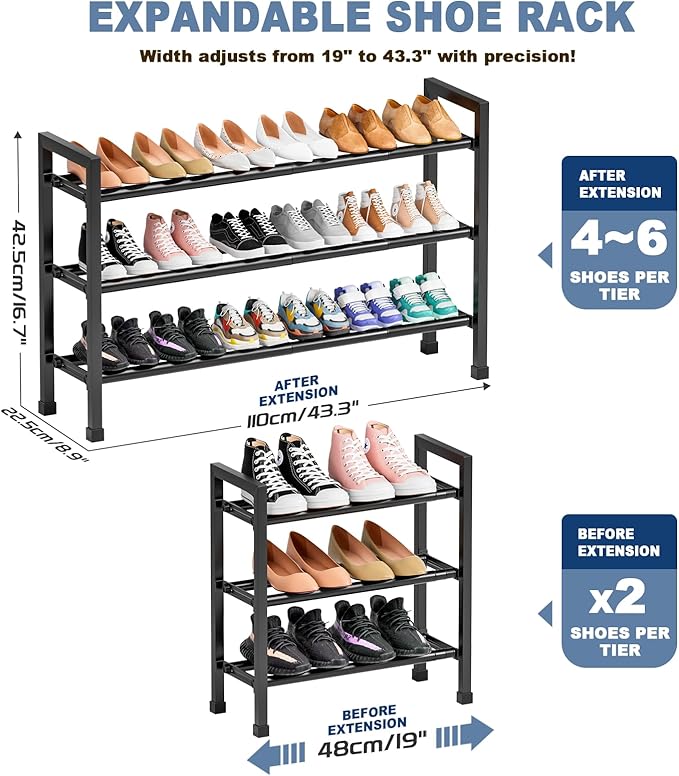 Mavivegue 19“- 43” Adjustable Shoe Rack, 3 Adjustable Length, 3 Tier Expandable Shoe Rack for Closet, Entryway, Shoe Shelf, B