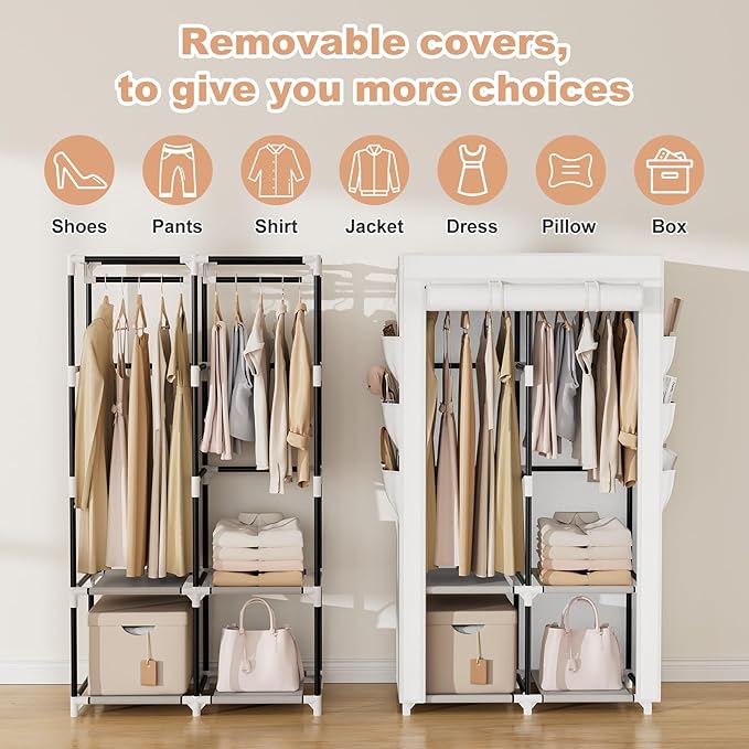 VTRIN Portable Closet Wardrobe Closet for Hanging Clothes with 4 Storage Shelves, 2 Hanging Rods and 6 Pockets, Stable and Ea