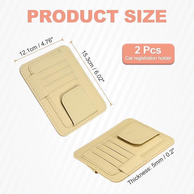 HARFINGTON 2Pcs Car Sun Visor Organizer 6.02" x 4.76" Leather Multi-Pocket Visor Card Sleeve Pocket Car Truck SUV Interior Storage Pouch for Driving License Credit Card Bill Sunglasses, Beige