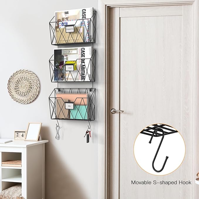 YBING Wall File Organizer Mesh Hanging Wall-mount Files Holder 6 Pack Hanging Wire Magazine Rack and Mail Holder with Hooks O