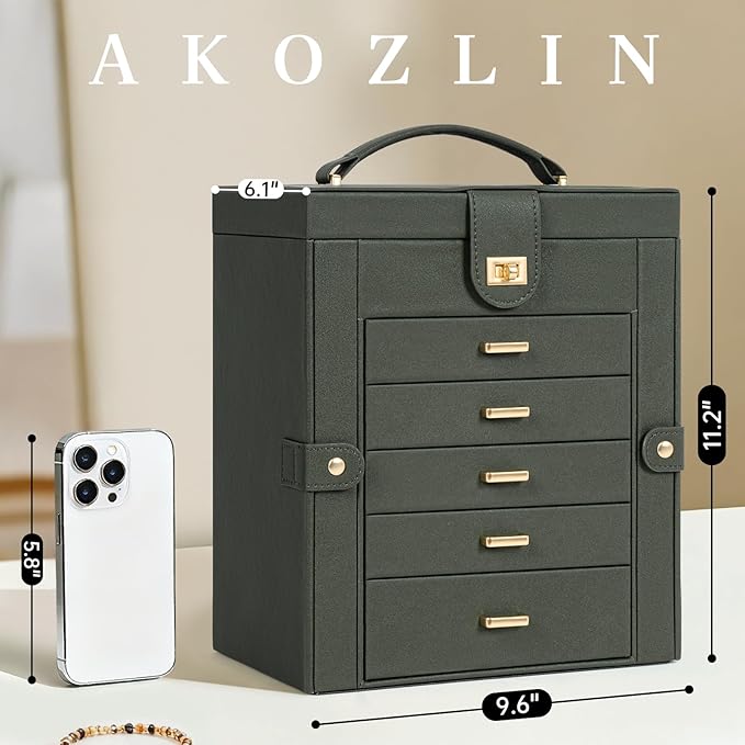 AKOZLIN 6-Tier Jewelry Box Organizer Functional 5 Drawers Leather Jewelry Storage Case for Women Girls Ring Necklace Earring 