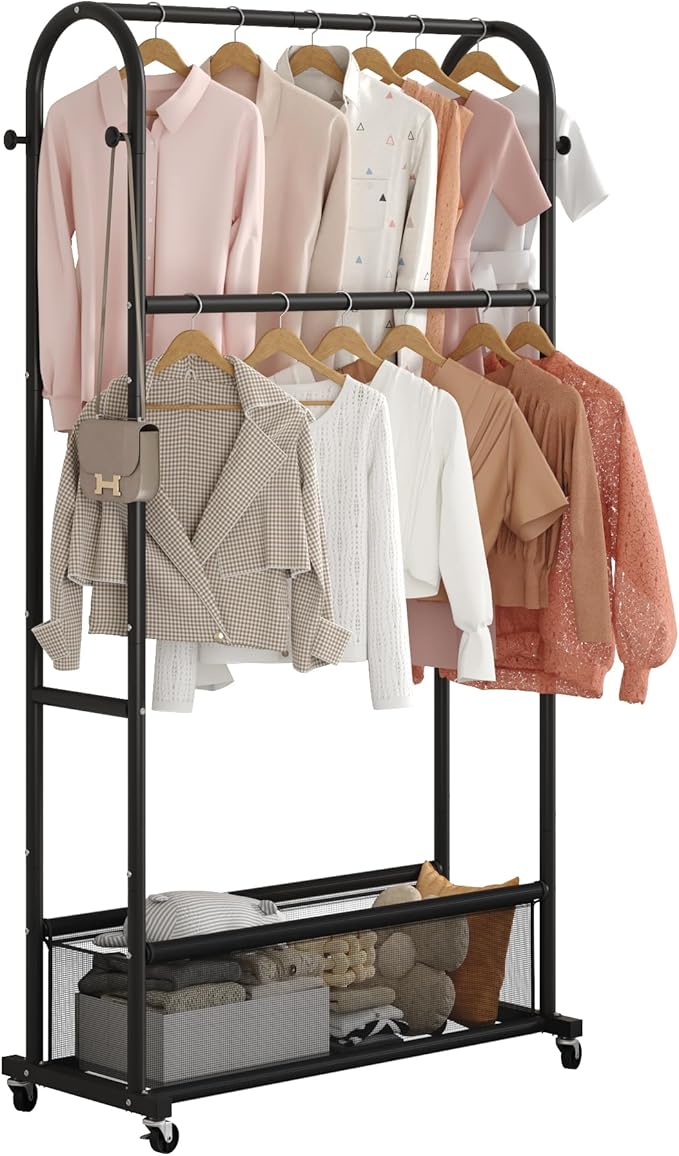 MOYIPIN Double Rods Clothing Rack with Wheels,Clothing Organizer for Hanging Clothes Coat Scarves Bags,Multi-functional Bedro