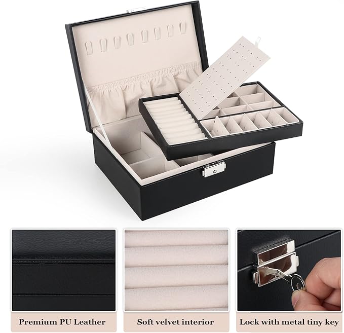 Jewelry Box for Women Girls, 2 Layers Jewelry Organizer Container with Lock, PU Leather Storage Case with Removable Tray, Jew