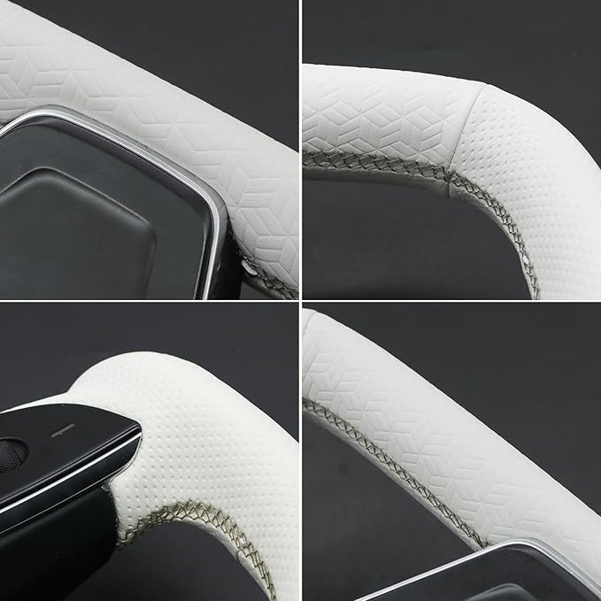 MEWANT Hand Stitched White Leather Tesla Model S Yoke Steering Wheel Cover Wrap for Tesla Model S 2021-2023 / Model X 2021-2023 Tesla Yoke Steering Wheel Accessories