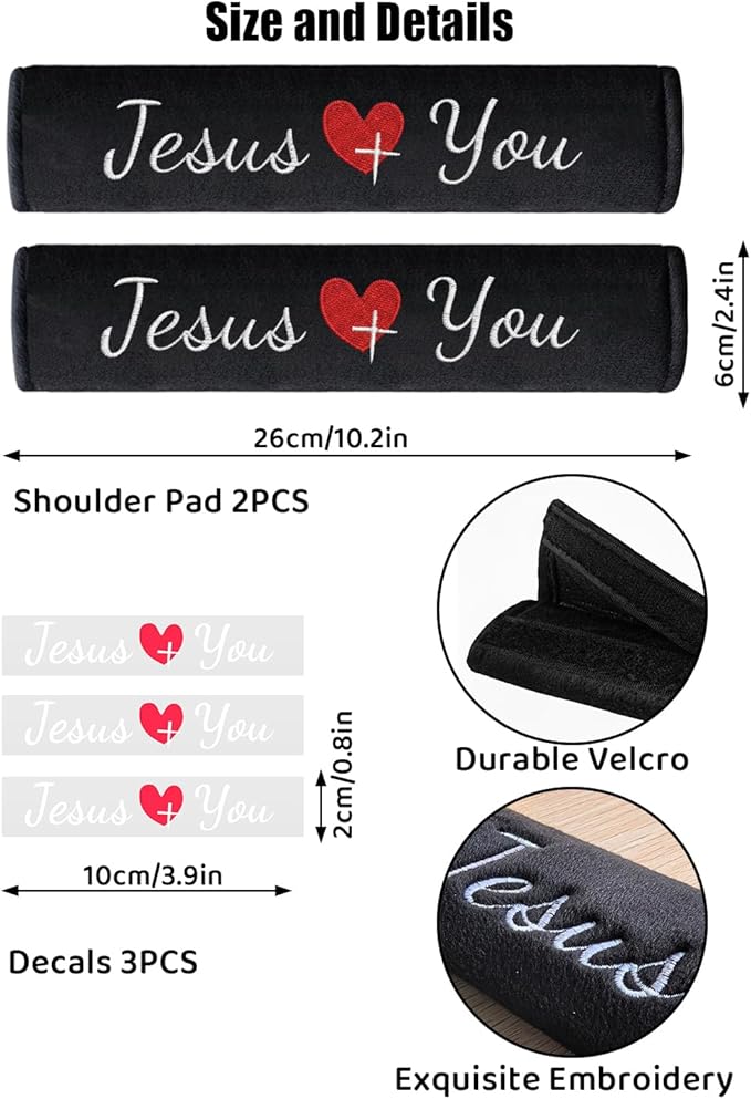 2 Pack Car Seat Strap Pads with 3 PCS Jesus Loves You Car Stickers, Universal Seatbelt Covers, Christian Car Decals for Women and Men