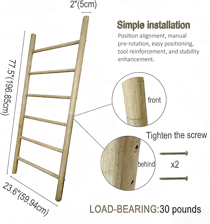 Wooden Blanket Ladder -77x24in Natural & Motley Wood - Leaning Wall Decor for Bedroom, Bathroom, Living Room - Rustic Quilt H