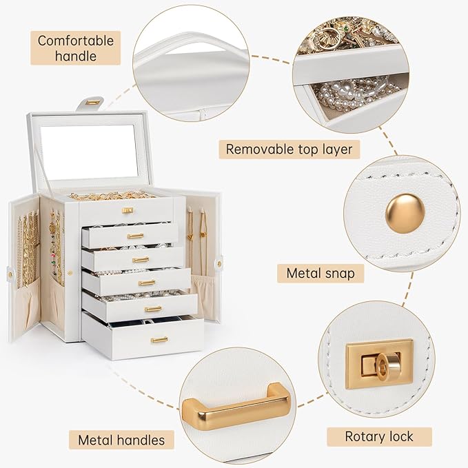 AKOZLIN 6-Tier Jewelry Box Organizer Functional 5 Drawers Leather Jewelry Storage Case for Women Girls Ring Necklace Earring 