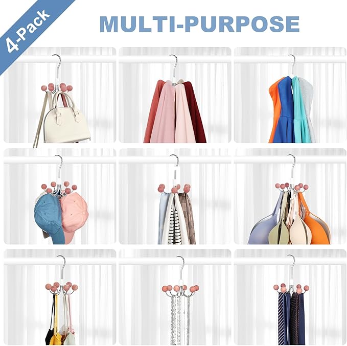 TOPIA HANGER Hoodie Hangers 4-Pack with 6 Cedar Balls, 360°Swivel Purse Hanger, Scarf Hanger, Closet Hooks, Handbag Organizer
