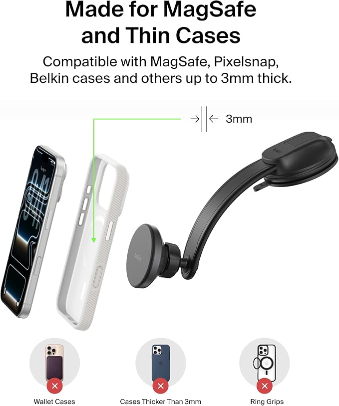 Belkin Wireless Car Charger, MagSafe Phone Holder & Car Dash Mount w/ 1M USB C Cable, Qi2 MagSafe Compatible Fast Charging iPhone Charger for iPhone 17, Galaxy S25, Pixel 10, Road Travelers, Black