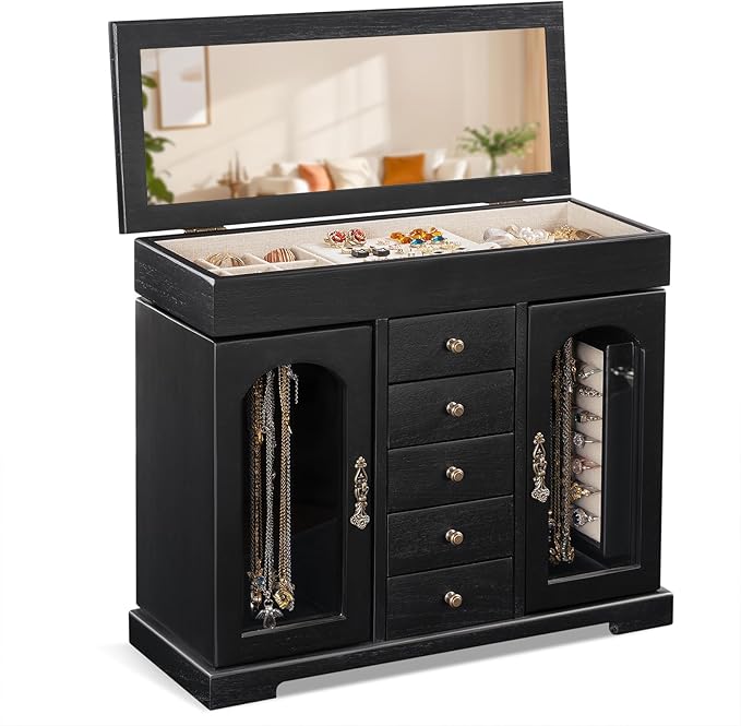 Miratino Jewelry Box for Women Girls, Wooden Jewelry Organizer Box with Mirror, 5 Layer Jewelry Storage Case Display for Neck