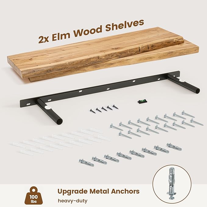 Live Edge Elm Floating Shelves for Wall Decor, Rustic Solid Wood Shevles Wall Mounted with Invisible Bracket for Living Room 