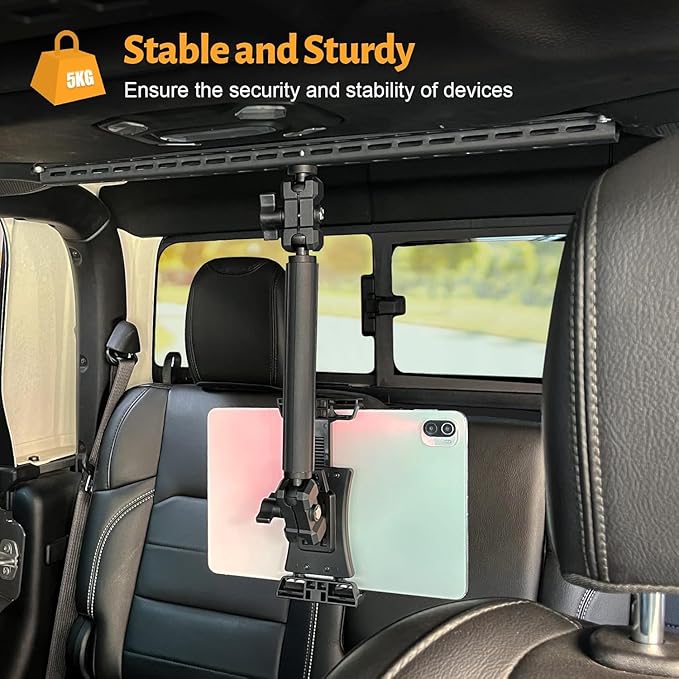 MAIKER Backseat Tablet Holder, Adjustable Hanging iPad Holder Mount Compatible with 2018-2025 Jeep Wrangler JL & 2020-2025 Gladiator JT, Road Trip Essentials for Kids for 4.92‘’~9.25’’ Devices Black