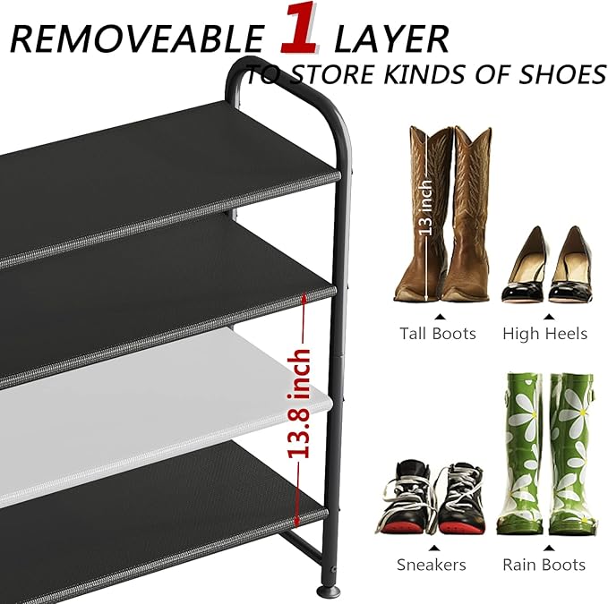 INGIORDAR Shoe Rack 4 Tier Long Storage Organizer Wide Metal Shoe Shelf for Closet Entryway Black