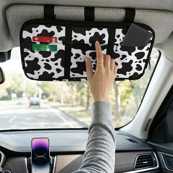Cow Print Car Sun Visor Organizer Storage Auto Interior Accessories Pocket Organizer - Lightweight Car Truck SUV Storage Pouch Holder, with Multi-Pocket Zipper for Card, Document