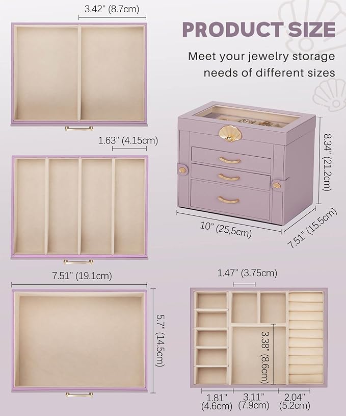 Enthralite Jewelry Box with 3 Drawers: Display Organizer for Earrings Necklaces - Gifts for Girls Women (Grey Purple)
