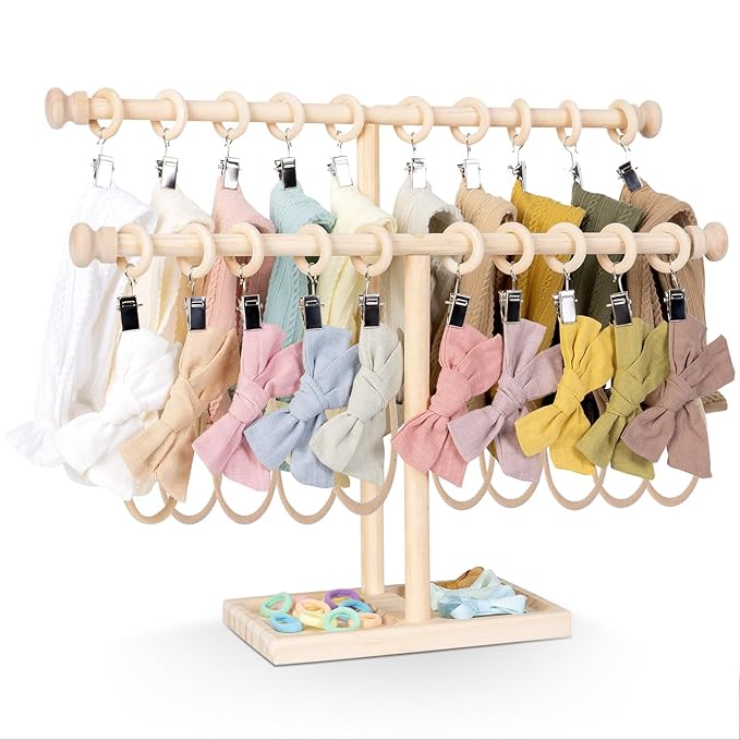 POVETIRE Headband Holder Stand Storage for Baby, 2 Tier Wooden Bow Organizer for Girls Hair Bows, Infant Hair Accessories Rac