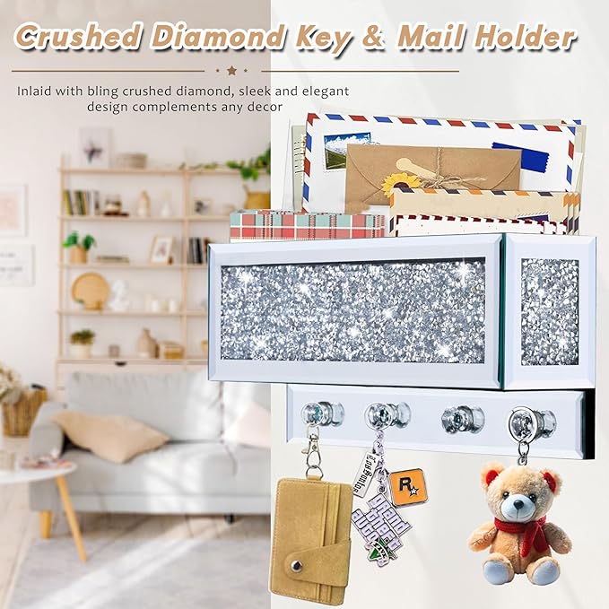 Crushed Diamond Key and Mail Holder for Wall, Crystal Mail Organizer Wall Mount, Mirror Mail and Key Holder Wall Mount for En