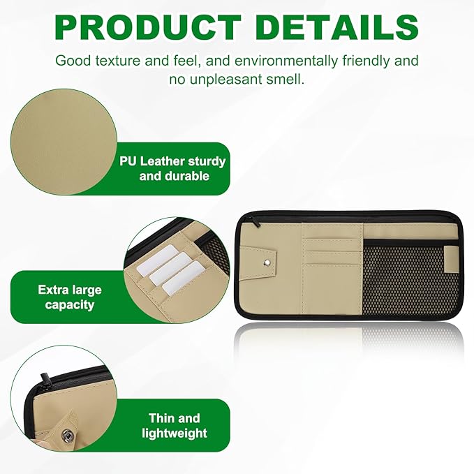 PATIKIL 1Pcs Car Sun Visor Organizer, 12.8 x 6.5 Inch PU Leather Vehicle Storage Pouch Holder for Sunglasses Card Pen Driver License Car Accessories, Beige
