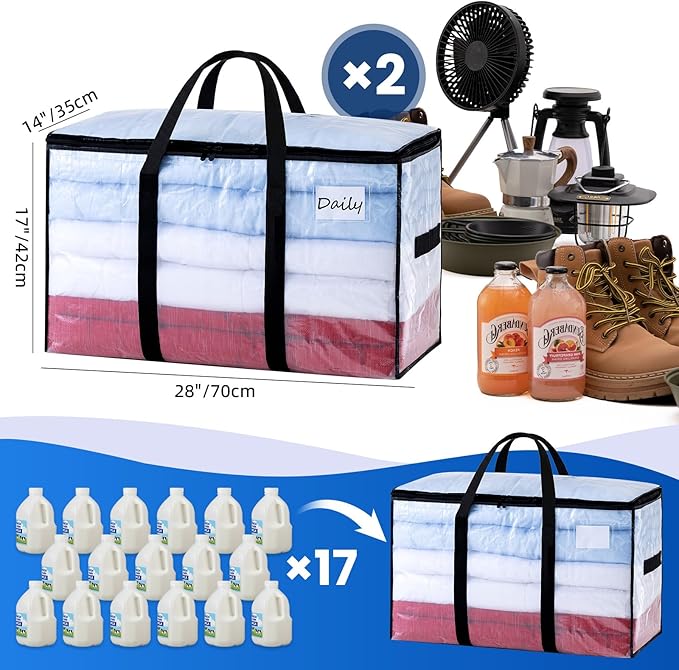 TAILI Extra Large Moving Bags, 2 Pack Clear Heavy Duty Totes For Storage with Visible Window, Wrap Around Handles, Storage Ba