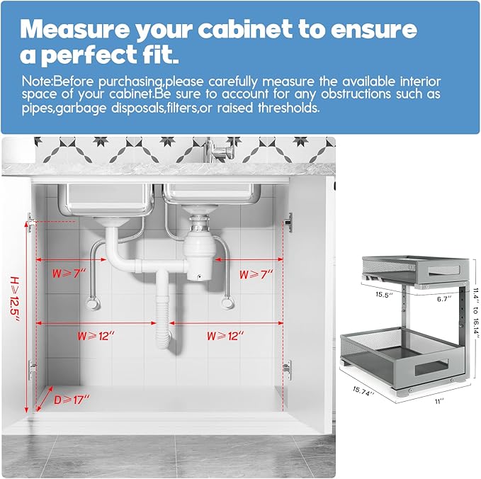 1 Pack-11.4"-16.14" H Under Sink Storage Organizer, Large 2-Tier Elegant Mesh Pull Out Shelf for Kitchen & Bathroom Cabinet O
