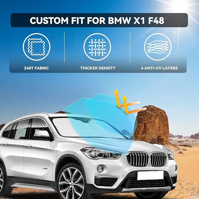 for BMW X1 F48 U11 2016-2024 2025 Windshield Sun Shade - 4 Layers Car Sunshades for Front Windows Shade Cover Custom Fit X1 F48 U11 Sun Visor 250T Retractable Shade Blocks UV Rays Car Accessories