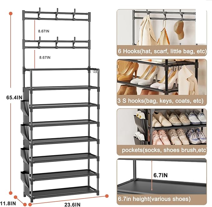 Shoe Rack 7 Tier Shoe Organizer Storage 21-28 Pairs Closet Shoes Rack for Front Door Entrance Shoe Rack Organizer with Hooks 