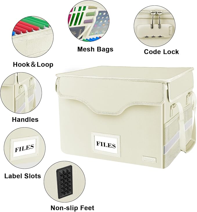 DocSafe Fireproof Document Box with Lock,File Storage Organizer with Zipper Pockets,Collapsible Portable File Box Home Office