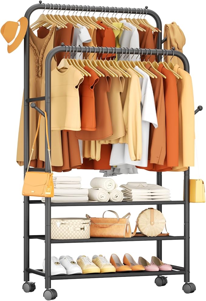 Furologee Clothes Racks for Hanging Clothes, Portable Rolling Garment Rack, Sturdy Metal Freestanding Cloths Racks with Wheel