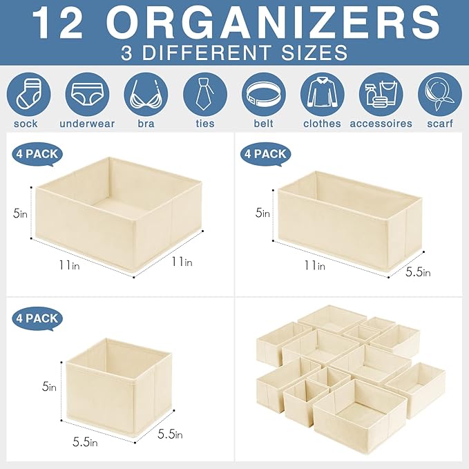 Criusia Drawer Organizer Clothes 12 Pack, Dresser Organizer for Nursery Bedroom Closet Organization and Storage - Baby Clothe