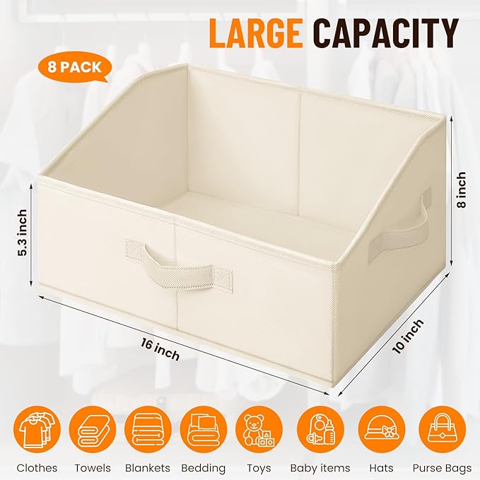 Criusia Closet Organizers Bins 8 Pack - Large Closet Shelf Organizer with Handles - Fabric Trapezoid Home Organization and St