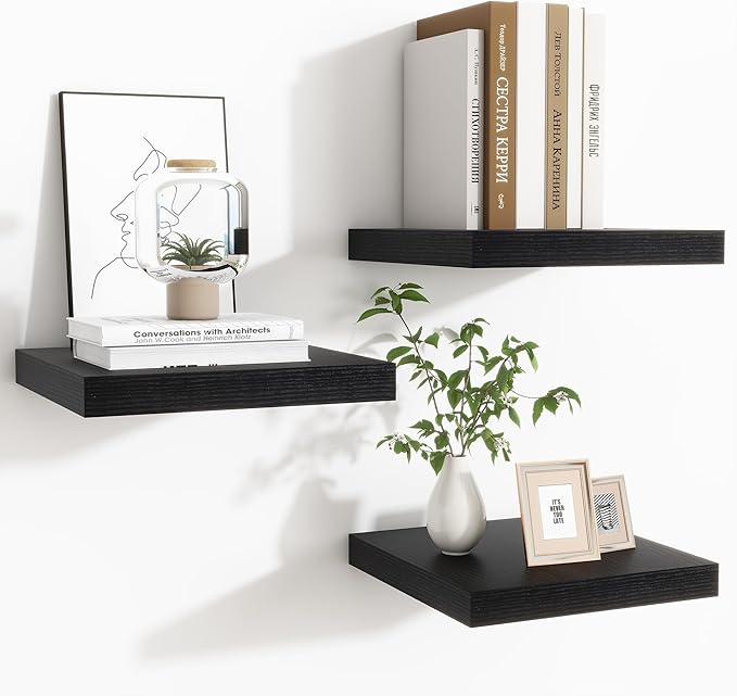 Fun Memories Floating Shelves for Wall - 9.3 Inch Square Shelves with Invisible Brackets, Black Small Wall Shelf for Living R