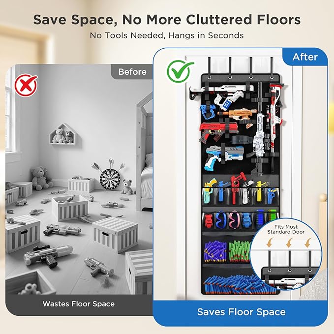 Mefirt Over The Door Organizer for Toy Guns, Toys Storage Door Hanger with Pockets and Slots for Kids Foam Blasters, Darts, G