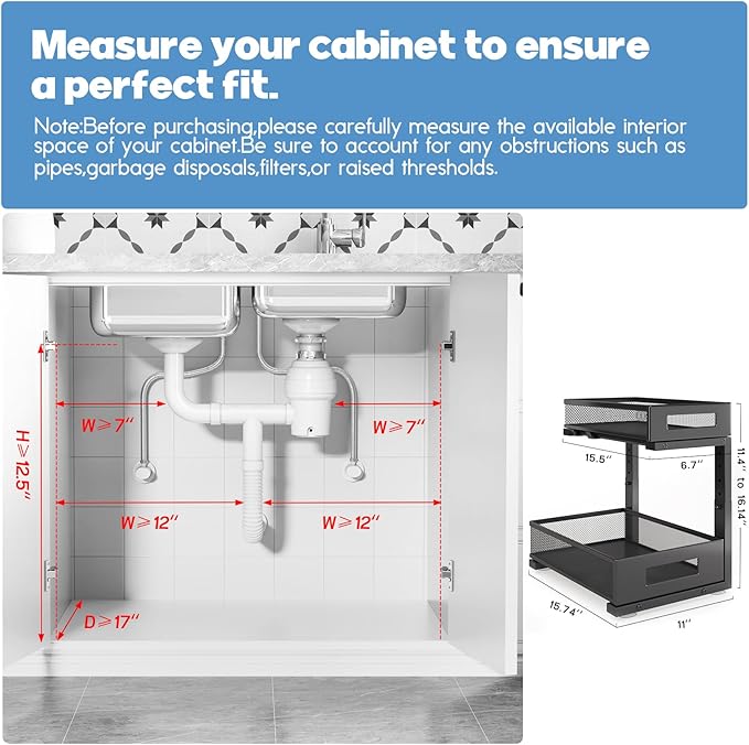 1 Pack-11.4"-16.14"H Under Sink Storage Organizer, Large 2-Tier Elegant Mesh Pull Out Shelf for Kitchen and Bathroom Cabinet 