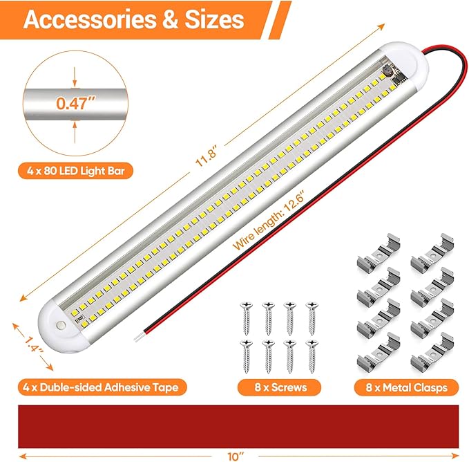 CT CAPETRONIX 12v Led Light Bar Strip, 80leds 1200LM 6.5W DC 12 Volt Led Strip Lights Fixtures with Switch, Enclosed Trailer Lights for RV Interior, Van, Truck Lorry, Camper, Boat, Caravan (4Pcs)