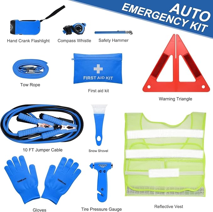 THINKWORK Car Emergency Kit for Teen Boy and Men's Gifts, Blue Emergency Roadside Assistance kit with 10FT Jumper, First Aid 